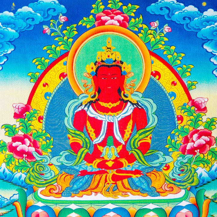 Tibetischer Langlebigkeits-Buddha, gerahmte Thangka-Segensdekoration