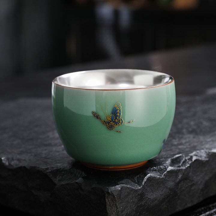 Buddha Stones 999 Sterling Silber Vergoldung Schmetterling Goldfisch Lotus Koi Fisch Keramik Teetasse Kung Fu Teetasse 120 ml