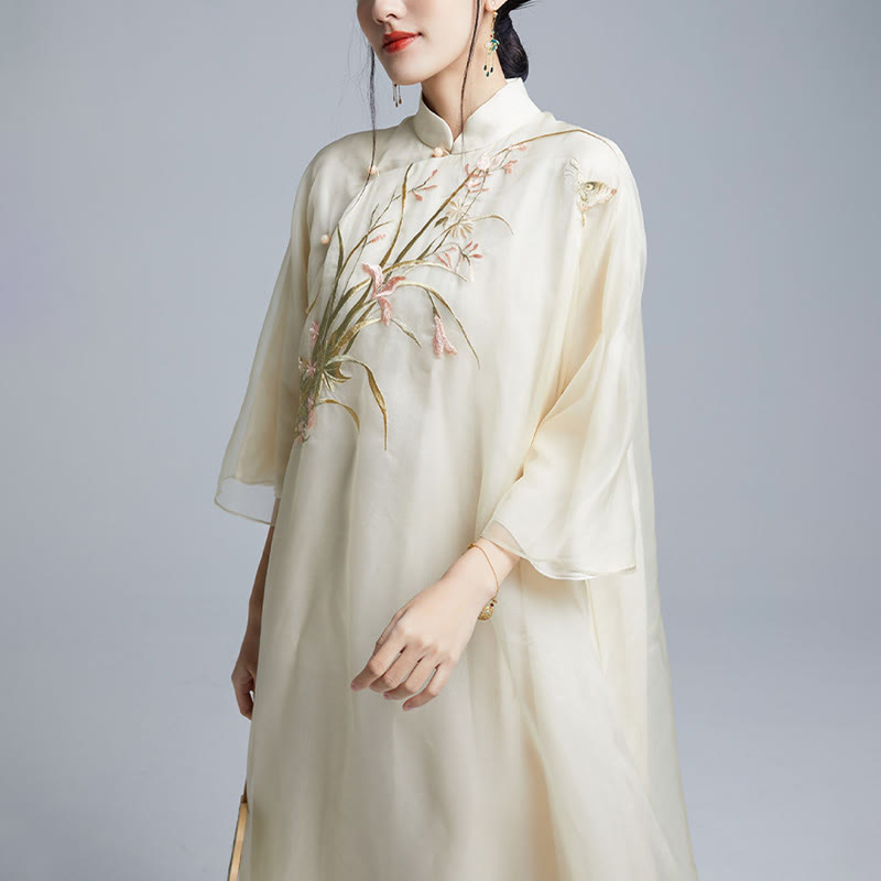 Buddha Stones 100 % Maulbeerseide 6 Momme Kleid Vintage Blume Schmetterling Stickerei Qipao Kleid Damen Cheongsam Kleid