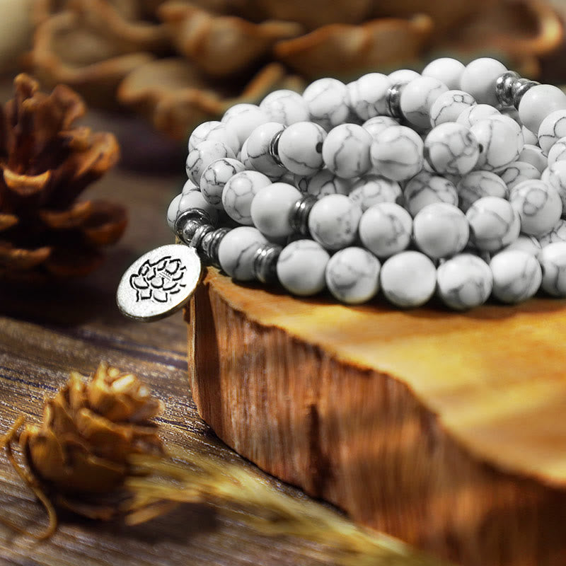 Buddha Stones Weiß Türkis Lotus Mala Heilarmband