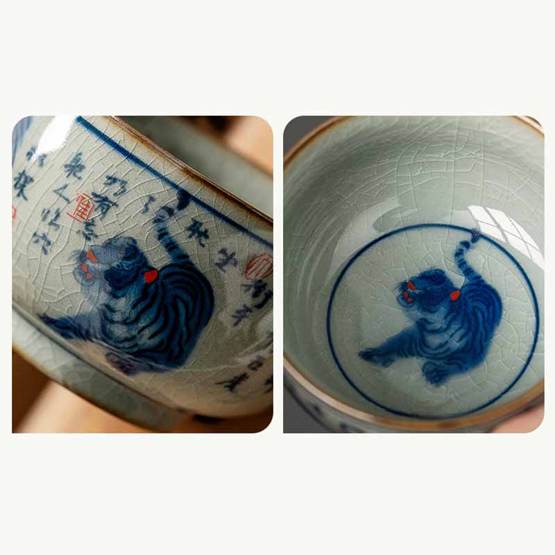 Buddha Stones Jingdezhen handbemalte niedliche Tiger-Teetasse aus Keramik, Kung-Fu-Teetasse, Schüssel, 140 ml