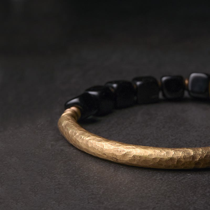 Buddha Stones Schwarzes Obsidian-Kristall-Kupfer-Stärke-Paar-Armband