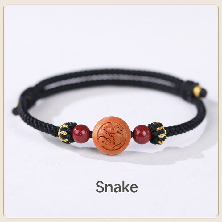 Armband mit Buddha Stonesn, natürlichem Pfirsichholz, chinesischem Sternzeichen Fu, geschnitztem Zinnober-Reichtumsarmband