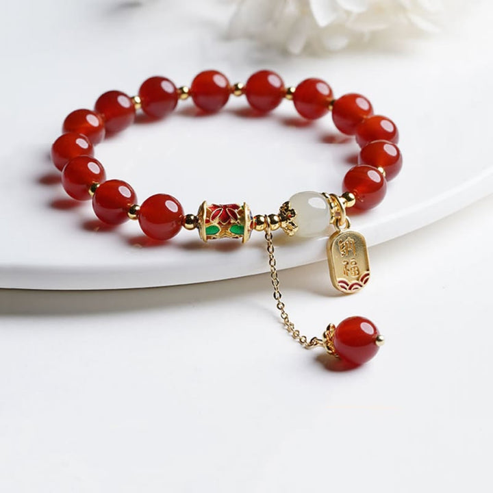 Buddha Stones Natürliches rotes Achat-Hetian-Jade-Fu-Charm-Charm-Armband