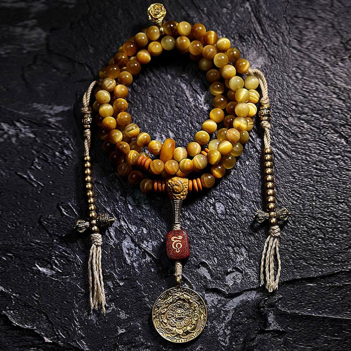 Buddha Stones 108 Mala Perlen Natürliches Tigerauge Kupfer Dorje Schutz Quastenarmband