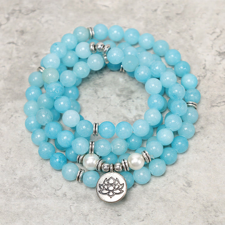 Buddha Stones Natürliches Amazonit-Heilungs-Lotus-Mala-Armband