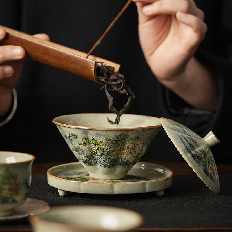 Buddha Stones Kiefer Berg Wald Landschaft Keramik Gaiwan Sancai Teetasse Kung Fu Teetasse und Untertasse mit Deckel