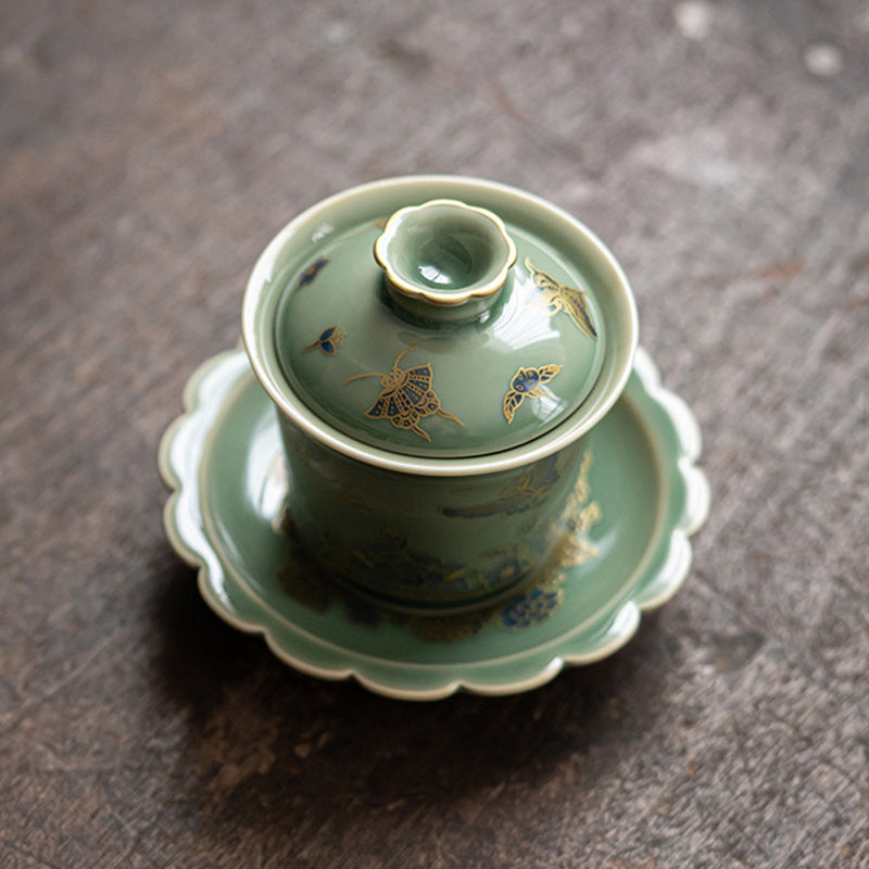 Buddha Stones, grünes Porzellan, Schmetterlingsblume, Lachsfisch, Keramik, Gaiwan, Sancai, Teetasse, Kung-Fu-Teetasse und Untertasse mit Deckel