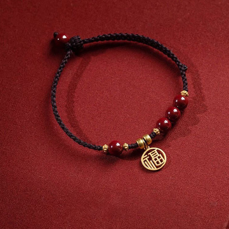 Buddha Stones Cinnabar Bead Fu Charakter Charm Segen geflochtenes Schnurarmband