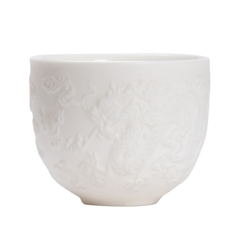 Buddha Stones Dragon Phoenix Relief Weiß Porzellan-Keramik-Teetasse Kung-Fu-Teetasse 115 ml