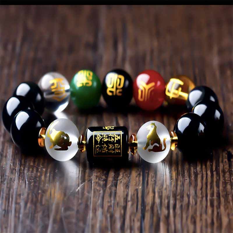 Buddha Stones Chinesisches Sternzeichen Feng Shui Obsidian Fünf-Elemente-Armband Reichtum Porsperity