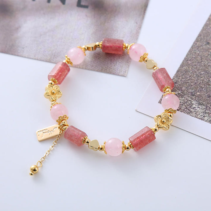 Buddha Stones Erdbeerquarz Rosa Kristall Liebesherz Blume Positives Armband