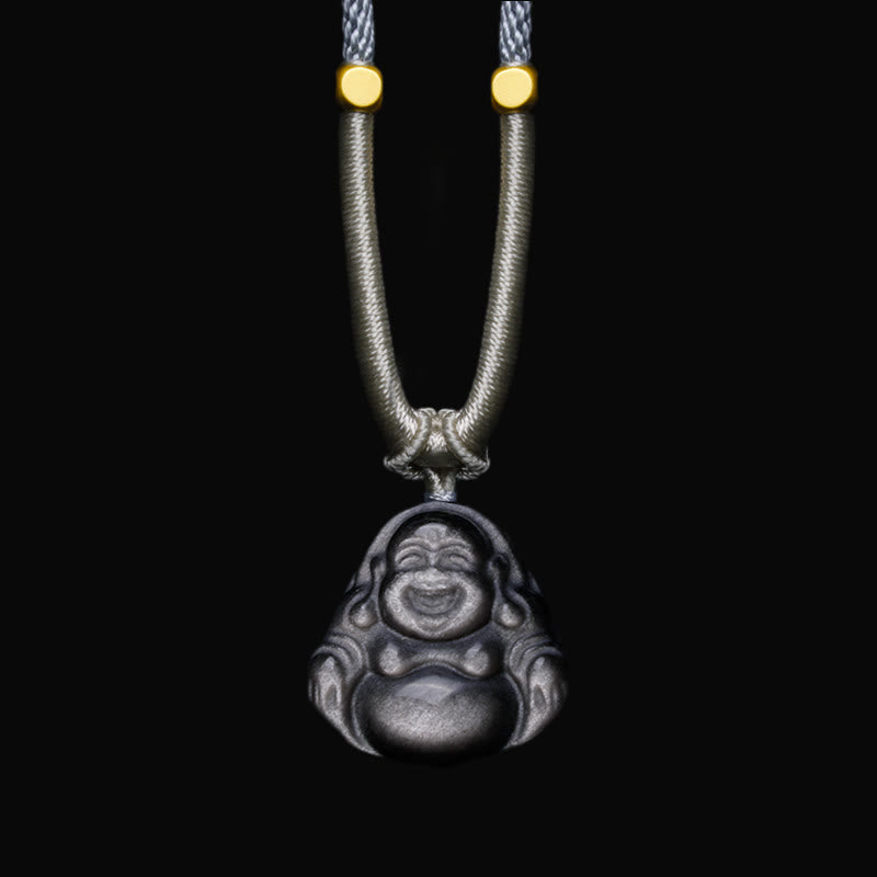 Buddha Stones, natürlicher silberfarbener Obsidian, lachender Buddha-Schutz-Halsketten-Anhänger