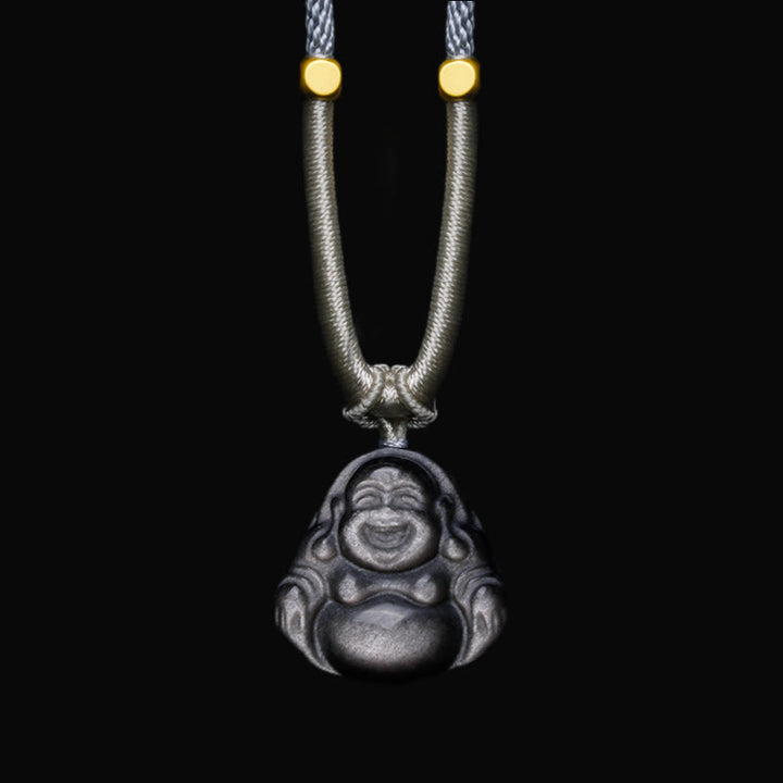 Buddha Stones, natürlicher silberfarbener Obsidian, lachender Buddha-Schutz-Halsketten-Anhänger