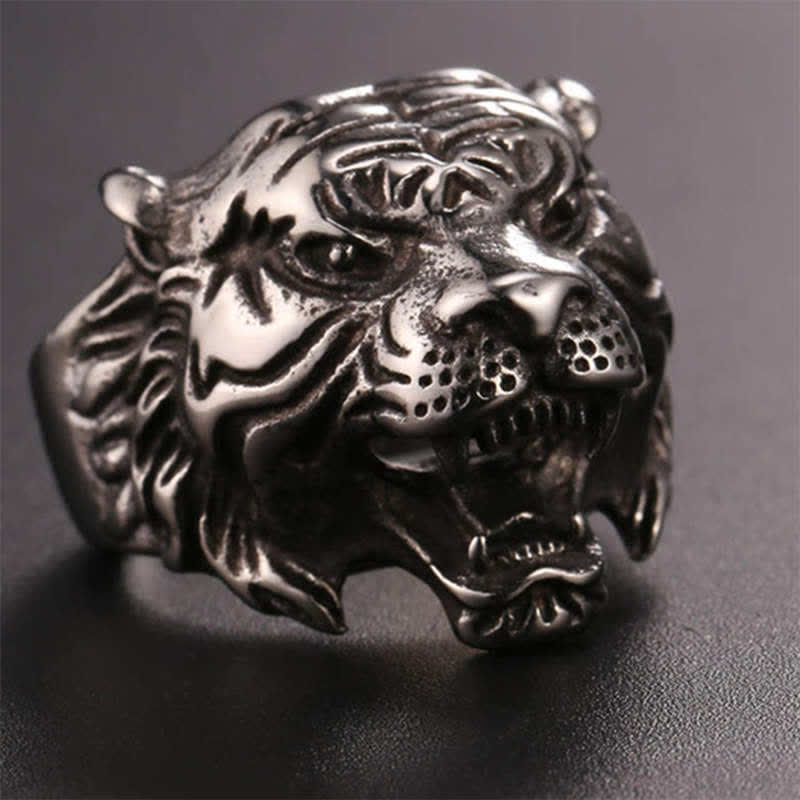 Herren-Tier-Tigerkopf-Titanstahl-Balance-Calm-Punk-Rock-Biker-Ring