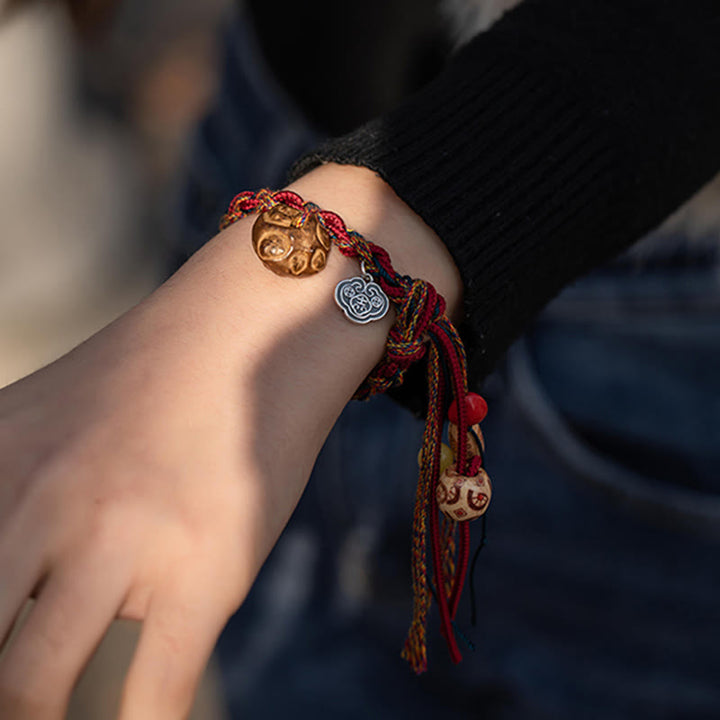 Buddha Stones, tibetischer handgefertigter bunter Faden, 925er-Sterlingsilber, Koi-Fische, Schutz, Stärke, Schnur-Armband