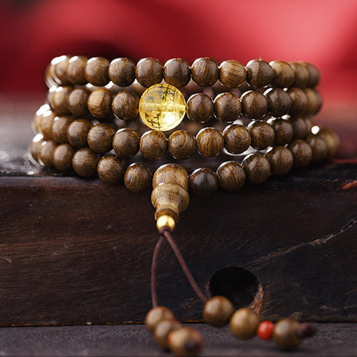 Buddha Stones, 108 Mala-Perlen, 999 Gold, Brunei-Adlerholz, Herz-Sutra, Bernstein, roter Achat, Kraft-Meditationsarmband