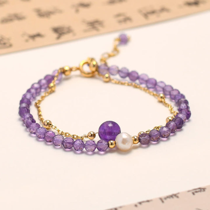 Buddha Stones 14 Karat vergoldetes Amethyst-Kristall-Heilungs-Doppelschicht-Kettenarmband