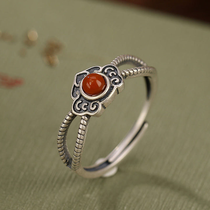 Buddha Stones Ring aus 925er-Sterlingsilber, rote Achatperle, logisches Denken