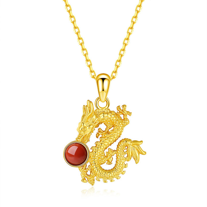 Buddha Stones 925 Sterling Silber Jahr des Drachen roter Achat Hetian Jade Glück Schutz Halskette Anhänger