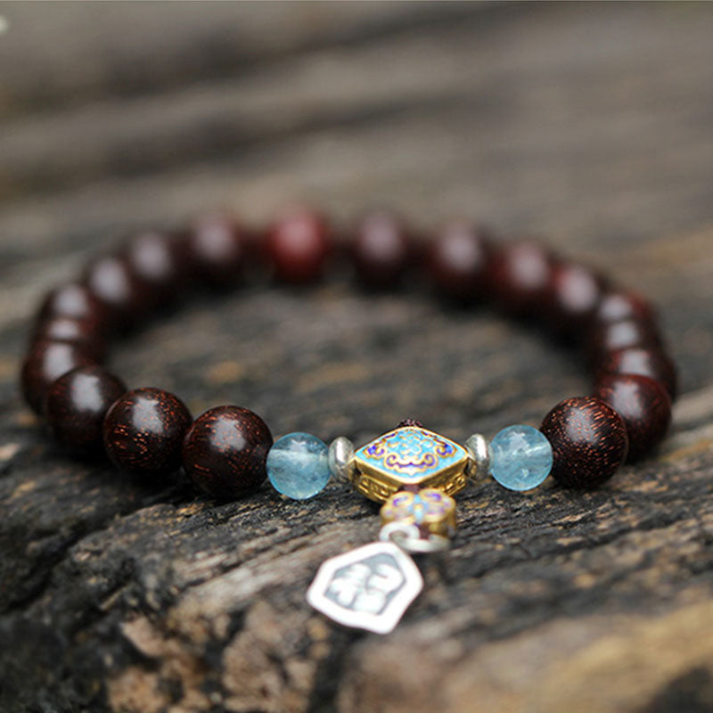 Buddha Stones, 925er-Sterlingsilber, indisches kleines Blatt, rotes Sandelholz, Aquamarin, voller Goldstern, chinesisches Knoten-Segen-Armband