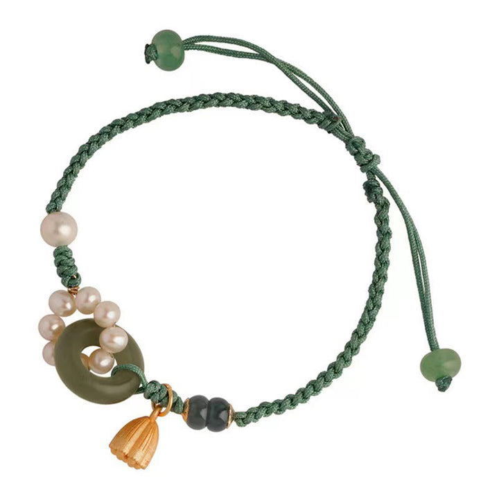 Buddha Stones Natürliche Hetian Jade Friedensschnalle Perle Glück Handgefertigtes geflochtenes Armband
