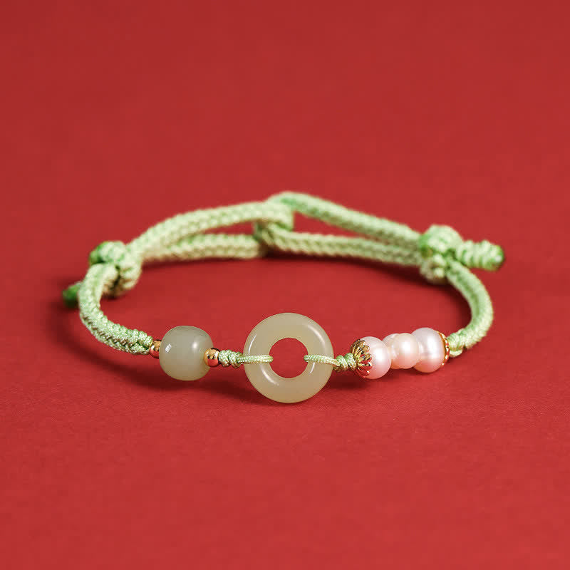 Buddha Stones Natürliches Hetian-Jade-Perlen-Friedensschnallen-Glücksarmband