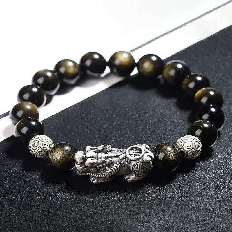 Buddha Stones 925 Sterling Silber Natürlicher Goldglanz Obsidian PiXiu Reichtumsschutzarmband