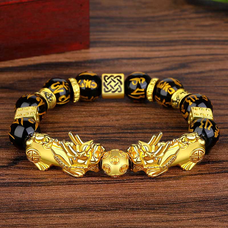 Buddha Stones FengShui Double PiXiu Obsidian Om Mani Padme Hum Reichtumsarmband