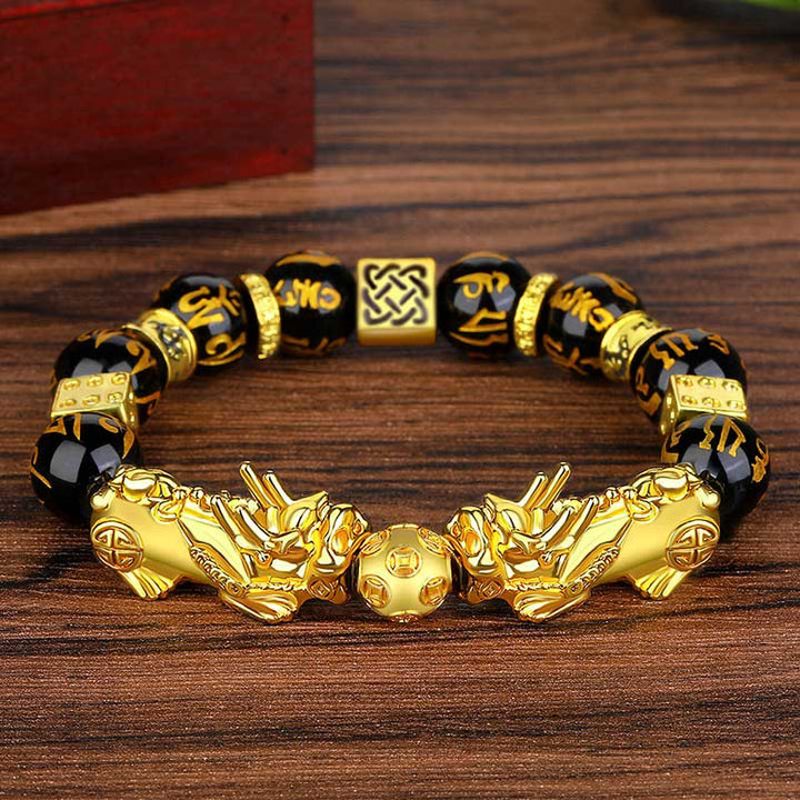 Buddha Stones FengShui Double PiXiu Obsidian Om Mani Padme Hum Reichtumsarmband
