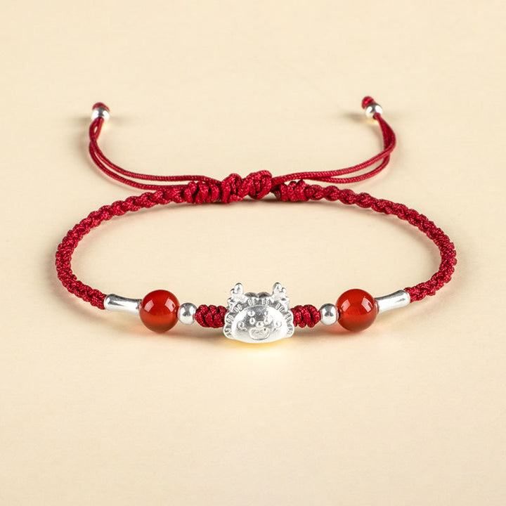 Buddha Stones 999 Sterling Silber Jahr des Drachen Fu Charakter Knödel Roter Achat Glück handgefertigtes Armband