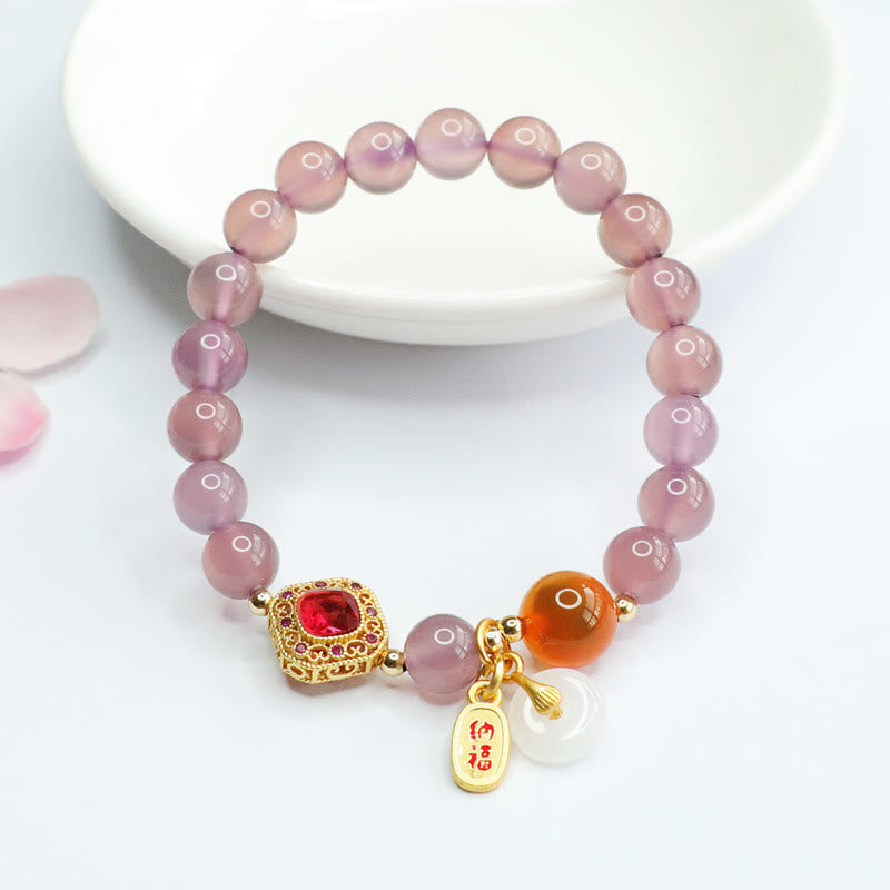 Charm-Armband mit Buddha Stonesn, natürlichem violettem Chalcedon, Bonbon-Achat, Friedensschnalle, Harmonie, Glück, Glück