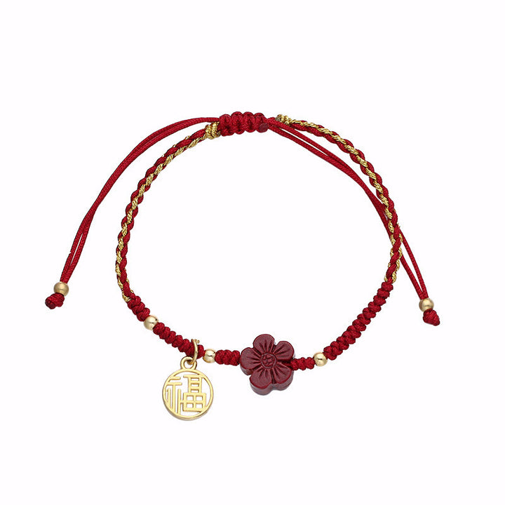 Buddha Stones Cinnabar Flower Fu Charakter Segen geflochtenes Schnurarmband