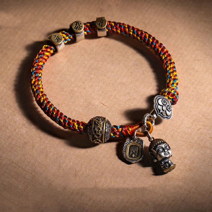 Buddha Stones Handgefertigtes tibetisches Armband aus 925er Sterlingsilber mit chinesischem Sternzeichen Natal Buddha Zakiram, Göttin des Reichtums, Schutz, mehrfarbiges, geflochtenes Seil