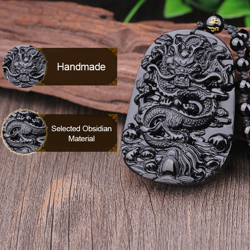 Halskette mit Anhänger „Drachenerfüllung“ aus schwarzem Obsidianstein von Buddha Stones