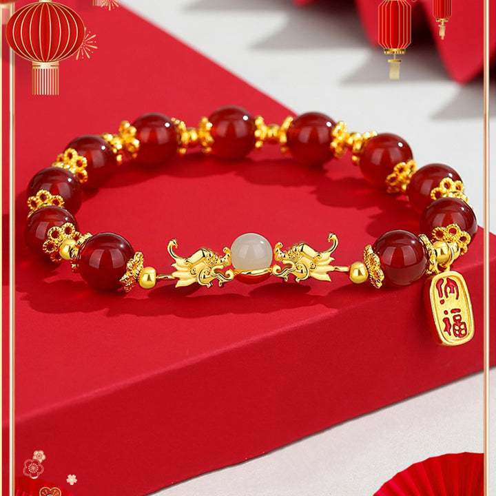 Buddha Stones 925 Sterling Silber Jahr des Drachen natürliches rotes Achat Hetian Jade Fu Charakter Charm Stärke Armband