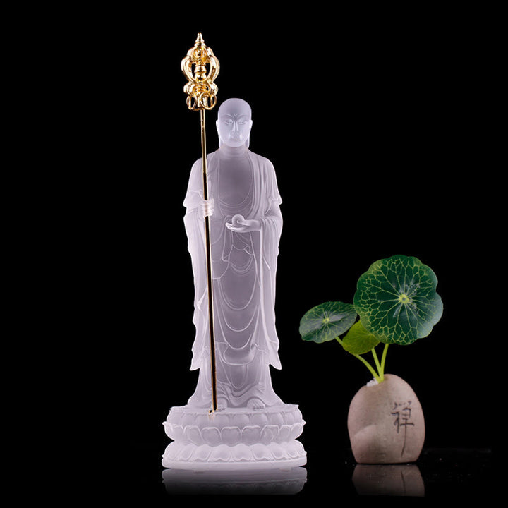 Buddha Stones, handgefertigte Ksitigarbha-Bodhisattva-Figur, Liuli-Kristallkunststück, Gelassenheitsstatue, Heimdekoration