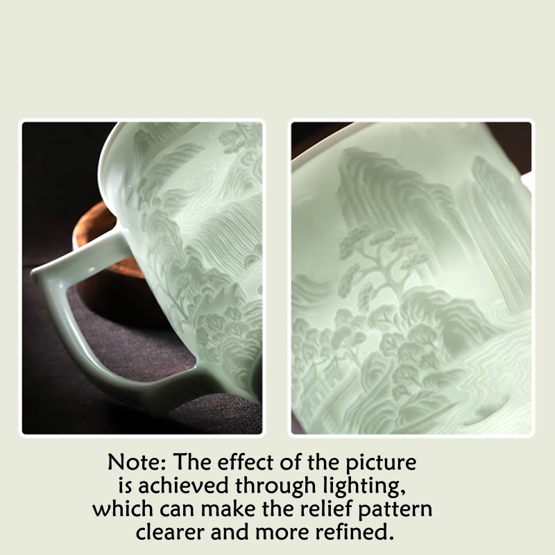Buddha Stones, Jingdezhen, Weiß Porzellan, handgefertigt, große Mauer, Landschaft, gravierte Keramik-Teetasse, Bürobecher, Teetassen