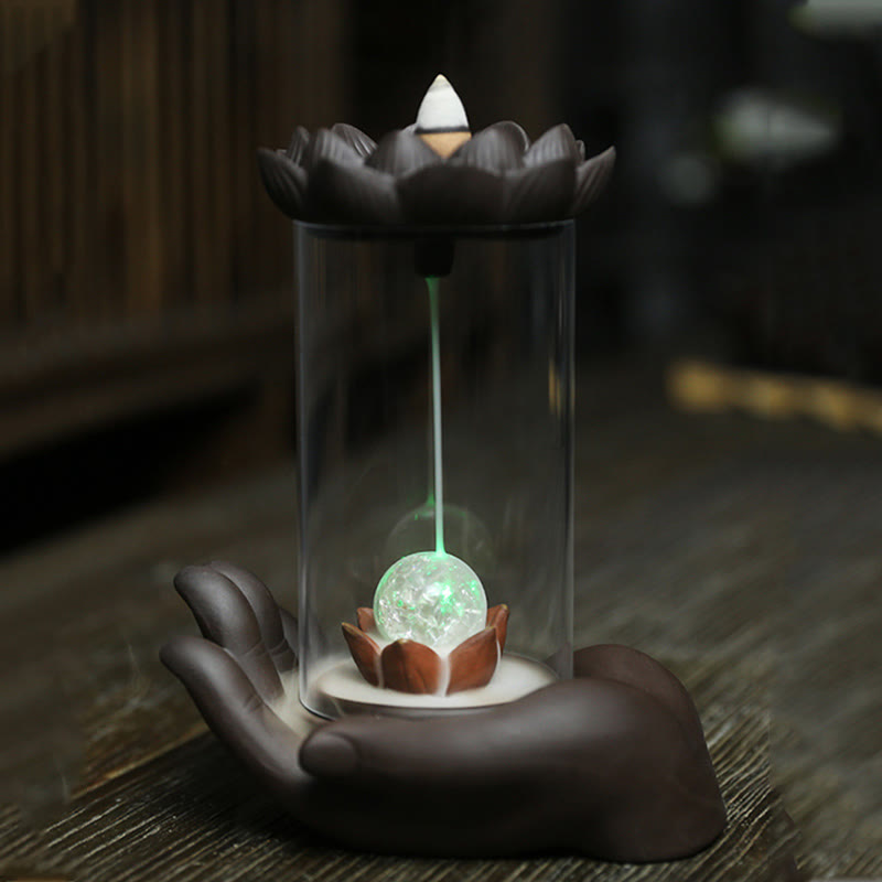 Buddha Stones, Buddha-Hand, Lotus, Erleuchtung, LED-Licht, lila Ton, Keramik-Räuchergefäß, Dekoration