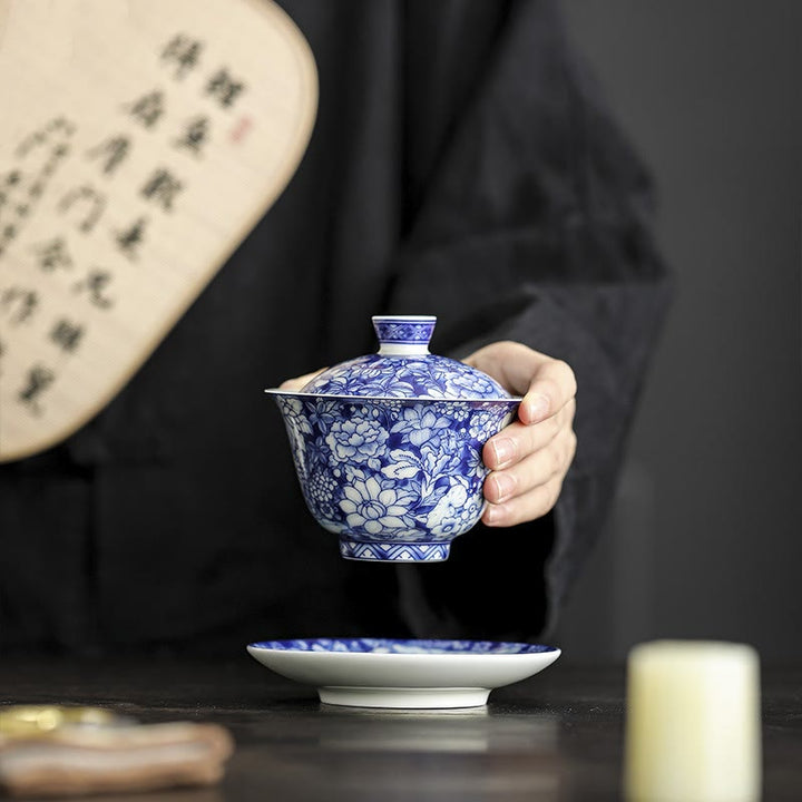 Buddha Stones Vintage blaue und Weiß Porzellan-Keramik-Gaiwan-Sancai-Teetasse Kung-Fu-Teetasse und Untertasse mit Deckel