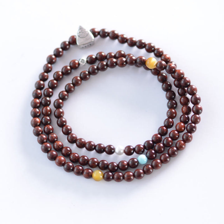 Buddha Stones, 925er-Sterlingsilber, indisches kleines Blatt, rotes Sandelholz, Fu-Charakterschutz, dreifach gewickeltes Armband