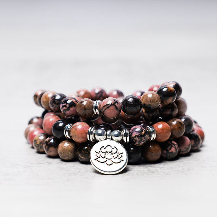 Buddha Stones 108 Mala Perlen Rhodonit Lotus Mitgefühl Energie Armband