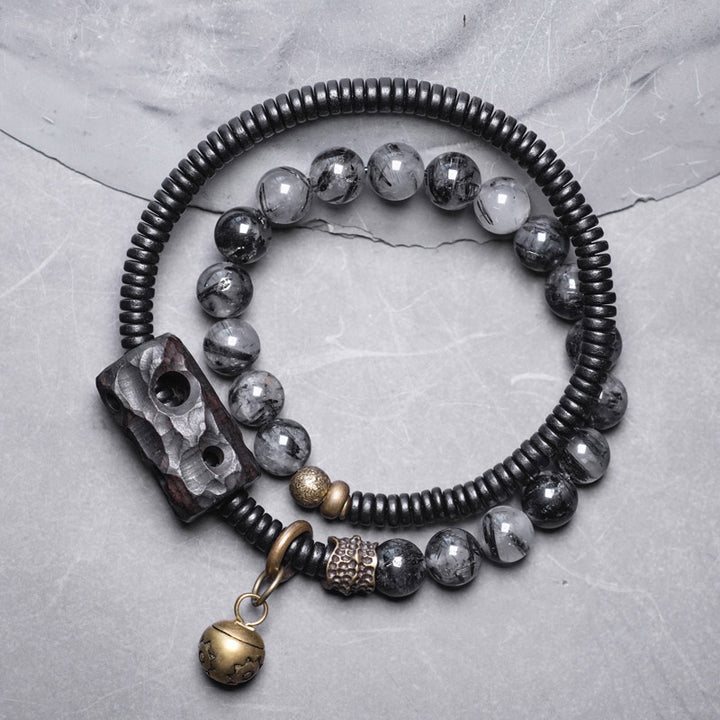 Buddha Stones, schwarzer Rutilquarz, Ebenholz, Kupfer, Weisheit, Paar-Armband