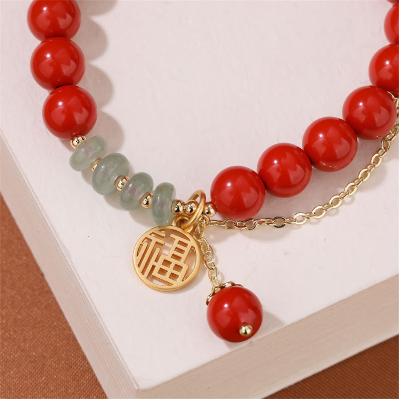 Buddha Stones Cinnabar Auspicious Fu Character Jade Calm Armband