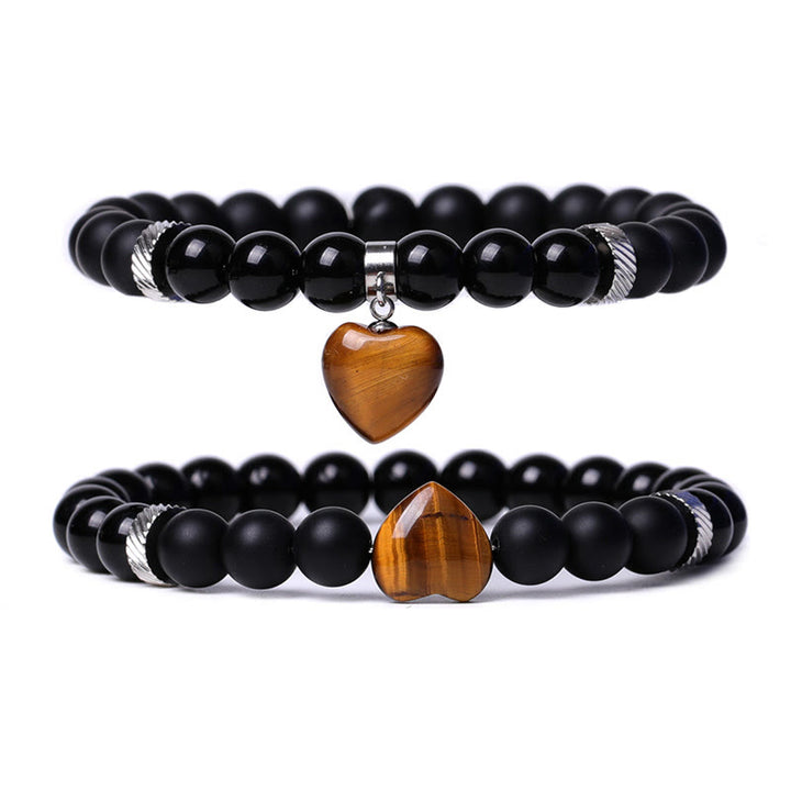 Buddha Stones 2-teiliges schwarzes Onyx-Kristall-Stein-Liebes-Herz-Schutz-Unterstützungs-Paar-Armband