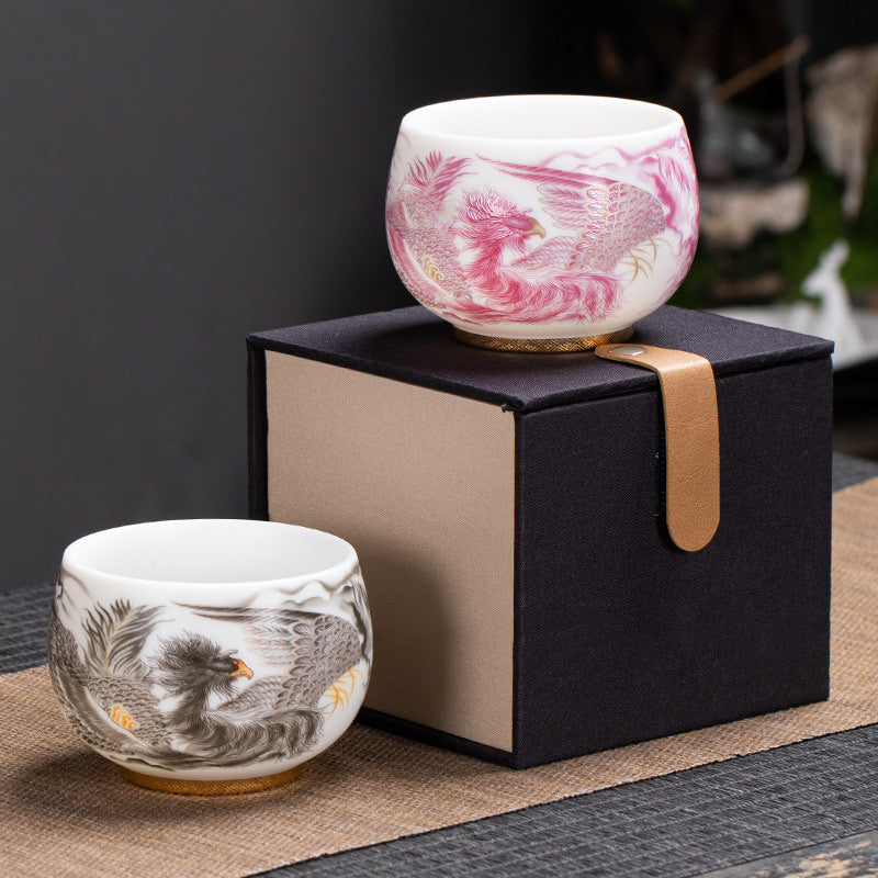 Buddha Stones Phoenix Weiß Porzellan-Keramik-Teetasse, Kung-Fu-Teetasse, 185 ml, mit Geschenkbox