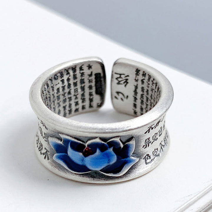 Buddha Stones, blauer Lotusblüten-Herz-Sutra-Ring mit graviertem Muster und Erleuchtung