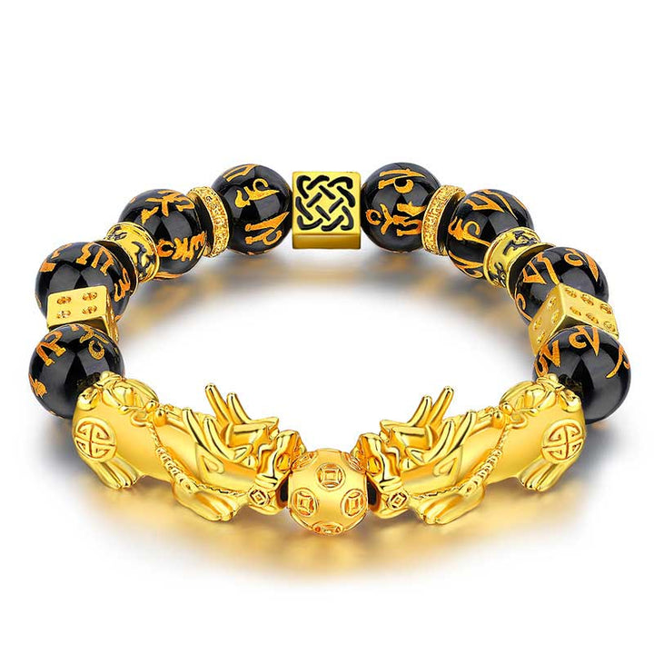Buddha Stones FengShui Double PiXiu Obsidian Om Mani Padme Hum Reichtumsarmband