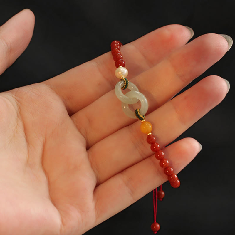 Buddha Stones Natürliches rotes Achat-Hetian-Jade-Armband mit doppelter Friedensschnalle