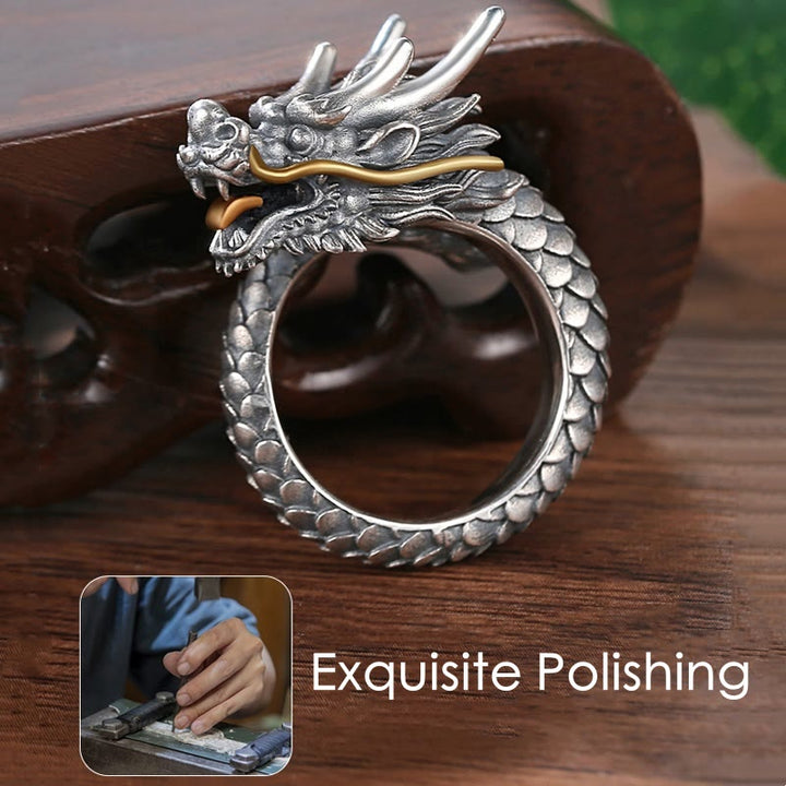 Buddha Stones 925 Sterling Silber Vintage Drachen Design Schutz Stärke verstellbarer Ring